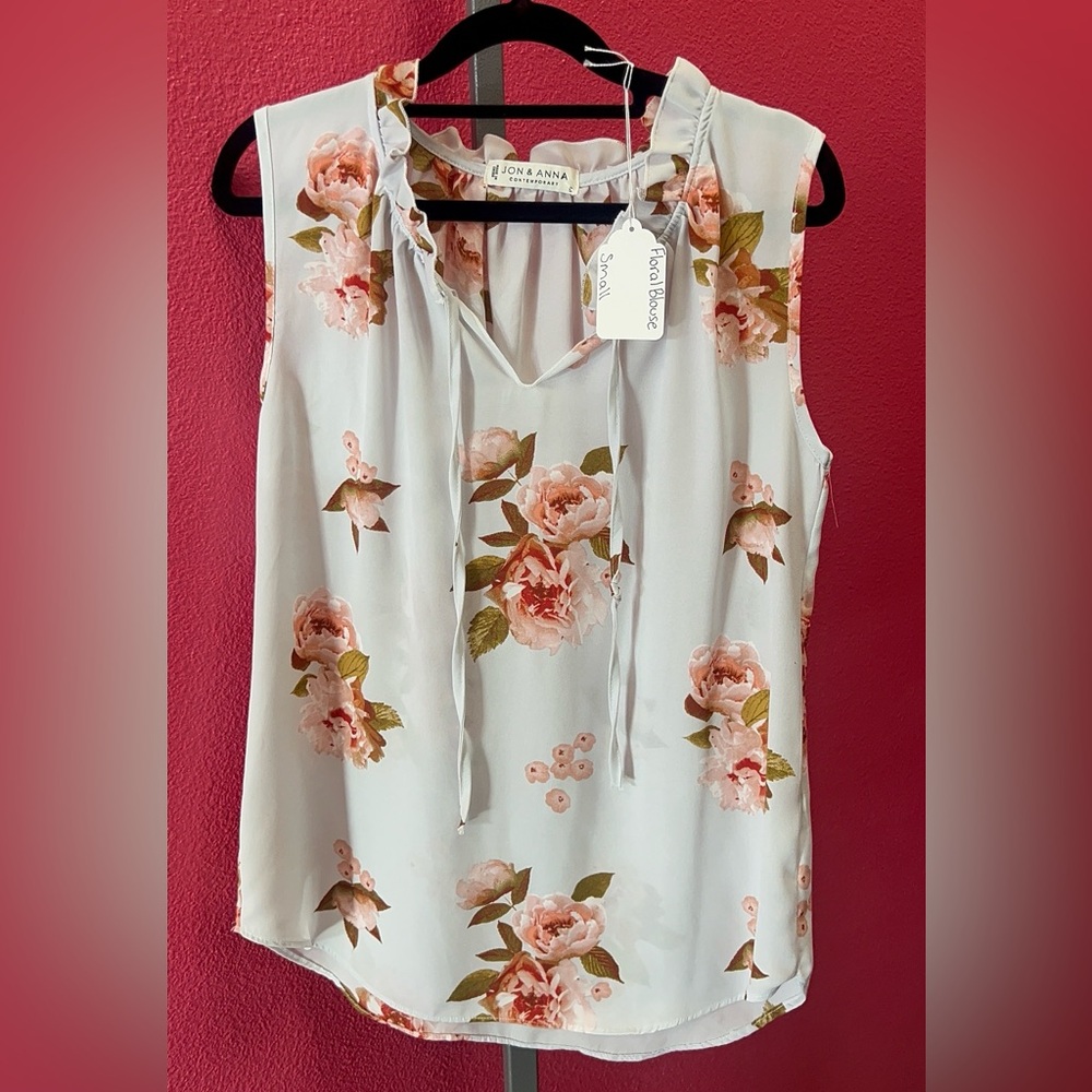 Jon & Anna Light Blue Sleeveless Floral Tie-Neck Blouse